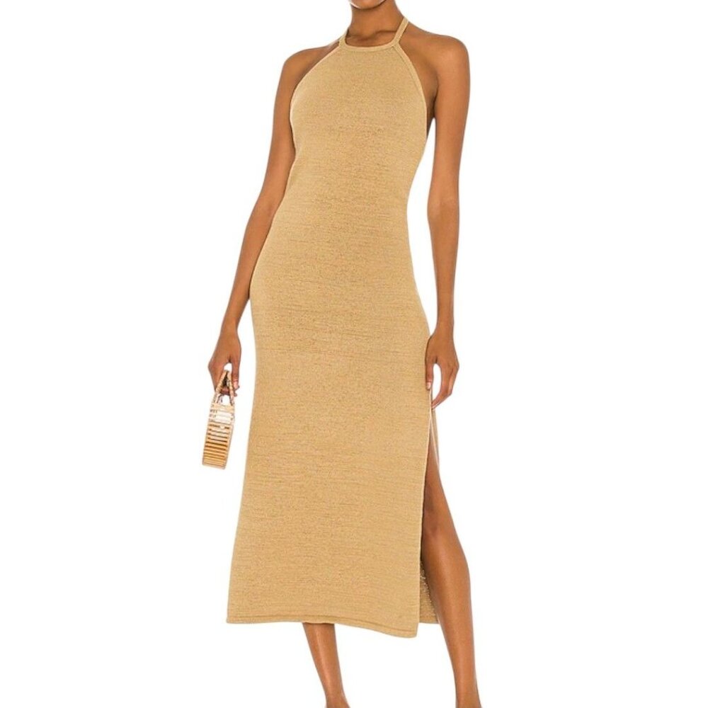 Cult Gaia Karina Halter Knit Midi Dress Wicker Tan Slit Open Back Sz L NWT $398